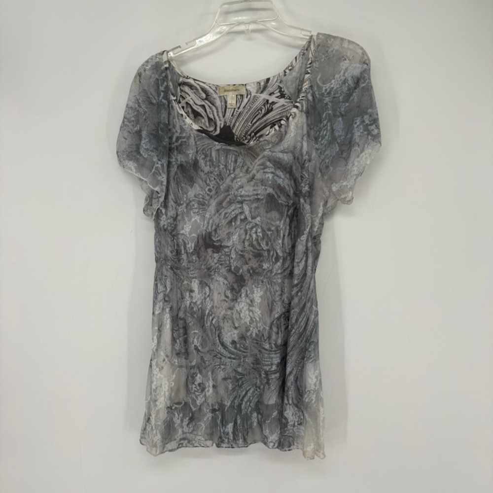 Dressbarn Tunic Top Women L Grey Floral Lace Sheer Layered Flutter Sleeve y2k‎
